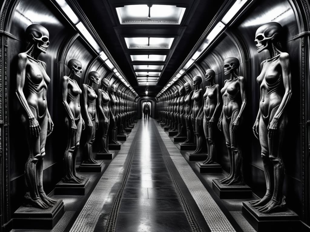  macabre style (((train arrives at a metro ero station a Giger style:1.5))), H.R.Giger`s world, the station is decorated with nude statues of women in the wall, gloomy, monochrome . dark, gothic, grim, haunting, highly detailed