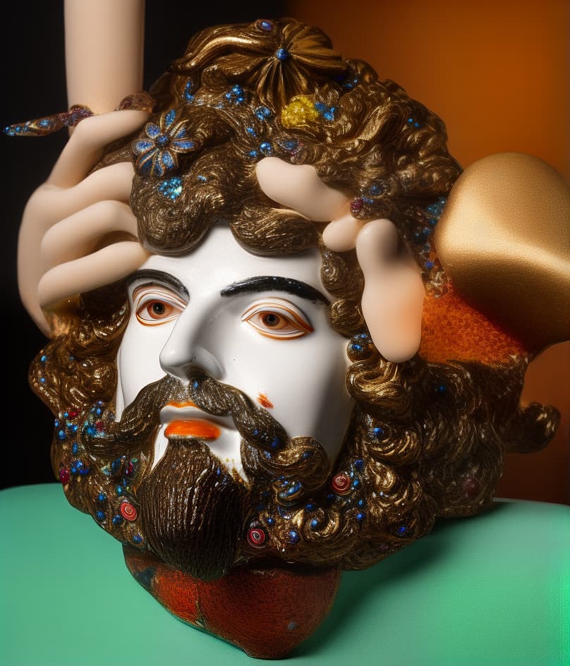  PHOTOGRAPH of a bright, Colorful and Shiny (((Meissen Porcelain HEAD OF HOLOFERNES))) with a (((GLITTERY))), TWO HANDS, FINGERS (((sculptural Porcelain hair))) looking at the viewer, on a black background, Stunning Masterpiece, Wide angle, 3:2 aspect radio, with perfect expression and facial structure, LARGE EYES, in the style of FRAGONARD, ultra sharp focus, 8k, big dark eyes, closed mouth, (((45 degree light))),  hyperrealistic, full body, detailed clothing, highly detailed, cinematic lighting, stunningly beautiful, intricate, sharp focus, f/1. 8, 85mm, (centered image composition), (professionally color graded), ((bright soft diffused light)), volumetric fog, trending on instagram, trending on tumblr, HDR 4K, 8K