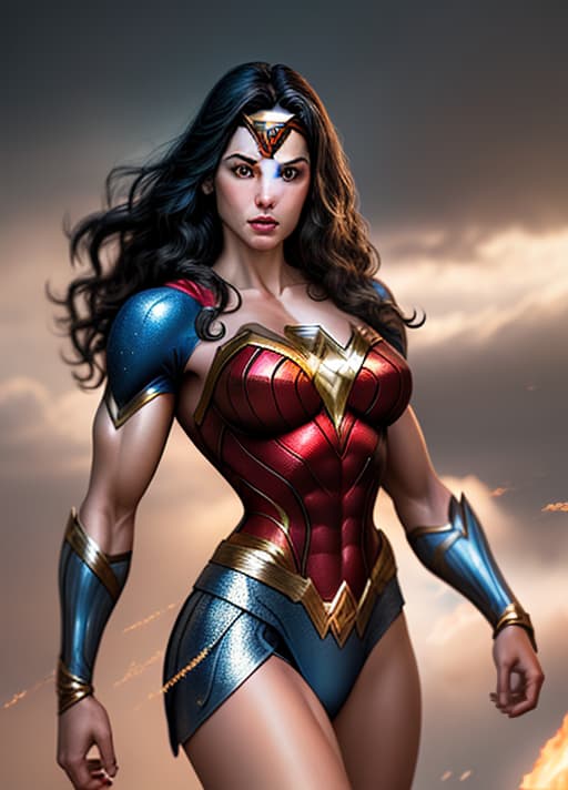  Create a photorealistic image of Superman with Wonder Woman's body frame, while keeping Superman's head unaltered. The scene should be set in a dynamic and heroic pose, showcasing the fusion of their iconic features seamlessly. Focus on realistic details such as muscle definition, costume elements, and a background that complements their superhero personas.