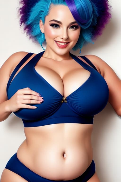 modelshoot style Beautiful, big cleavage, humongous round boobs, patting belly, laughing, hair put up into a bun,  blue hair, newd, eating, big round plumpy belly, patting her huge belly