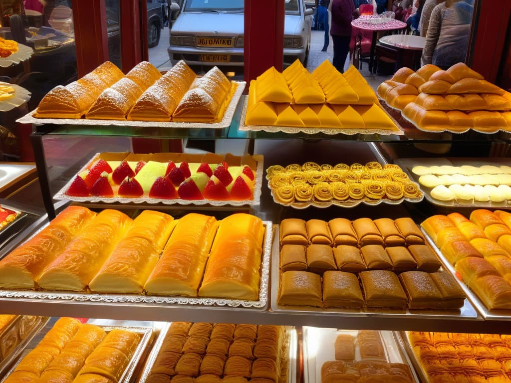  A photorealistic image of a bustling Turkish bazaar in Istanbul, showcasing a wide array of traditional Turkish pastries like baklava, künefe, and şekerpare beautifully arranged on ornate platters. The scene is vibrant with colors, and the intricate details of the pastries are highlighted, inviting the viewer to savor the rich flavors and textures of Turkish desserts. The background features ornate architecture characteristic of Istanbul, adding to the cultural ambiance of the image. hyperrealistic, full body, detailed clothing, highly detailed, cinematic lighting, stunningly beautiful, intricate, sharp focus, f/1. 8, 85mm, (centered image composition), (professionally color graded), ((bright soft diffused light)), volumetric fog, trending on instagram, trending on tumblr, HDR 4K, 8K