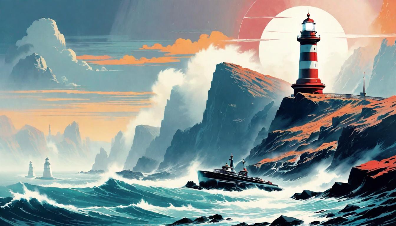  retro futuristic A lighthouse standing firm on a rocky coast, its light cutting through fog. Steadfast, guiding, reliable. lvintage sci fi, 50s and 60s style, atomic age, vibrant, highly detailed