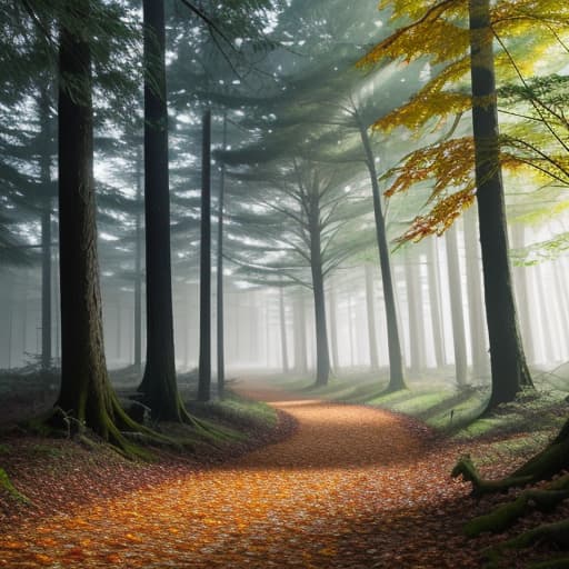  A dense forest with tall, twisting trees and colorful, oversized leaves falling gently. hyperrealistic, full body, detailed clothing, highly detailed, cinematic lighting, stunningly beautiful, intricate, sharp focus, f/1. 8, 85mm, (centered image composition), (professionally color graded), ((bright soft diffused light)), volumetric fog, trending on instagram, trending on tumblr, HDR 4K, 8K