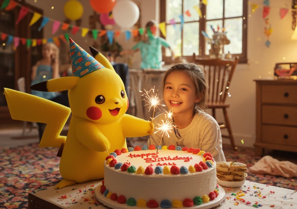  detail, photo, cinscene, dreamwalking a hyper realistic scene of a young celeting her birthday with pikachu. the room is filled with bright, colorful decorations, including balloons, streamers, and a large birthday cake with text 'happy birthday anu' written in icing on top. the , wearing a festive party hat, smiles joyfully as pikachu stands beside her holding a sparkler, looking and excited. confetti is falling in the air, and the entire room radiates with a warm, celetory glow. the background shows friends and family enjoying the party, with vint decorations and the cake at the center of attention, making the birthday celetion feel lively and heartwarming.