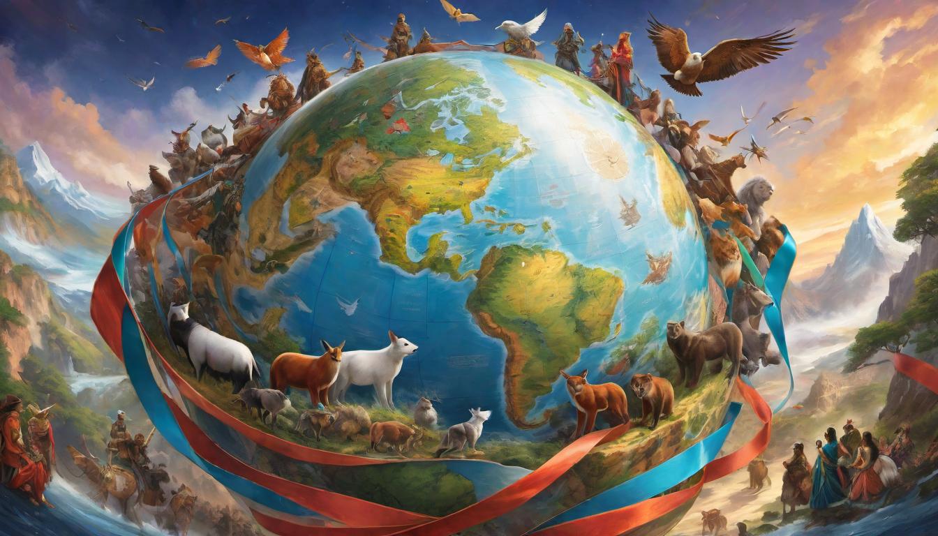  digital painting of A globe, wrapped in a ribbon of animals and humans standing in unity, world encompassed, inherent worth, global empathy, shared stewardship looking at viewer, dynamic pose, (intricate details, masterpiece, best quality)