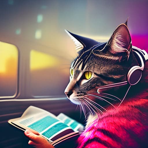 nvinkpunk Realistic image of a cat wearing headphones and reading glasses while riding a bus. hyperrealistic, full body, detailed clothing, highly detailed, cinematic lighting, stunningly beautiful, intricate, sharp focus, f/1. 8, 85mm, (centered image composition), (professionally color graded), ((bright soft diffused light)), volumetric fog, trending on instagram, trending on tumblr, HDR 4K, 8K