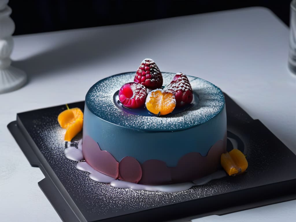  A closeup, highresolution image of a single, exquisite dessert plated on a sleek, matte black surface. The dessert is a delicate sphere of translucent gel with a vibrant, abstract swirl of colorful fruit purees elegantly drizzled on top. The lighting is soft and focused, creating a striking contrast between the glossy, reflective texture of the dessert and the velvety black background. This image captures the essence of modern minimalism in dessert design, showcasing a perfect balance of simplicity, sophistication, and artistic flair. hyperrealistic, full body, detailed clothing, highly detailed, cinematic lighting, stunningly beautiful, intricate, sharp focus, f/1. 8, 85mm, (centered image composition), (professionally color graded), ((bright soft diffused light)), volumetric fog, trending on instagram, trending on tumblr, HDR 4K, 8K