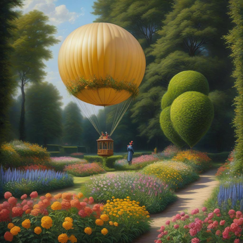  A flying balloon filled with wildflowers, in the style of luminous baroque, topiary, realistic, intricate details, oil painting, deep shadow hyperrealistic, full body, detailed clothing, highly detailed, cinematic lighting, stunningly beautiful, intricate, sharp focus, f/1. 8, 85mm, (centered image composition), (professionally color graded), ((bright soft diffused light)), volumetric fog, trending on instagram, trending on tumblr, HDR 4K, 8K