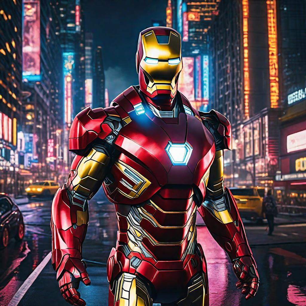  masterpiece, best quality, masterpiece, 8k resolution, realistic, highly detailed, Iron Man close-up. He stands on a street lined with tall buildings in a cyberpunk style city at night. The city's night lights are bright, and the surrounding buildings and streets are full of cyberpunk elements such as neon lights, high-tech equipment and futuristic architectural design.