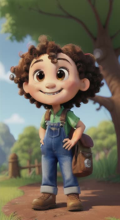  {The tree with a smiling face formed by its bark, looking down at Riley., Riley, a curious with big brown eyes and curly hair, wearing overalls and carrying a small backpack. Their friend, Skye, a bluebird with shiny feathers.