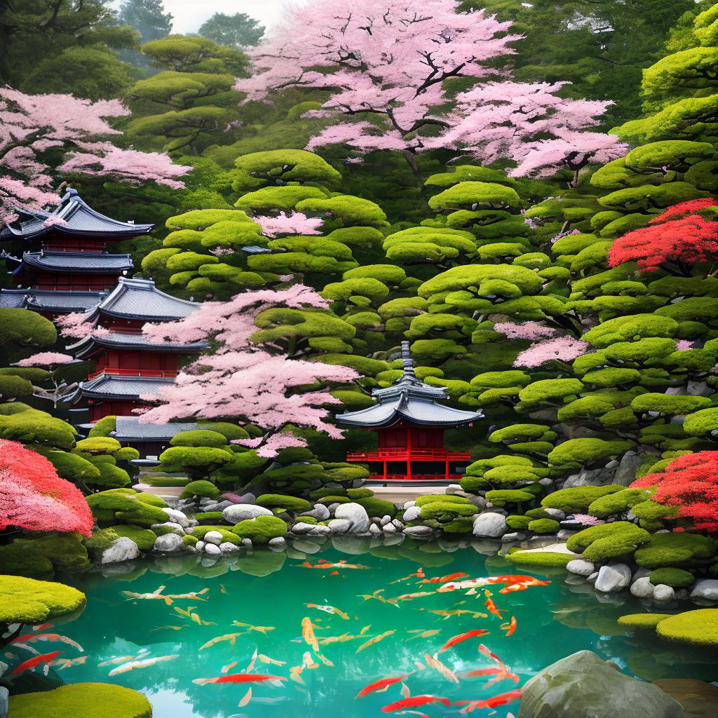  A breathtaking ((masterpiece)) of a serene Japanese landscape, depicted with the (((best quality))) and incredible attention to detail. This high-resolution 8k artwork captures the essence of 日本の風景, showcasing the beauty of nature in every corner. The main subject of the scene is a traditional ((Japanese garden)) adorned with vibrant cherry blossom trees. The garden features a tranquil ((pond)) filled with colorful koi fish swimming gracefully. A stone ((pagoda)) stands tall in the background, surrounded by lush greenery and blooming azaleas. Soft sunlight filters through the trees, casting a gentle glow on the scene, creating a harmonious atmosphere. The artist's skillful brushstrokes and choice of colors bring this artwork to li hyperrealistic, full body, detailed clothing, highly detailed, cinematic lighting, stunningly beautiful, intricate, sharp focus, f/1. 8, 85mm, (centered image composition), (professionally color graded), ((bright soft diffused light)), volumetric fog, trending on instagram, trending on tumblr, HDR 4K, 8K
