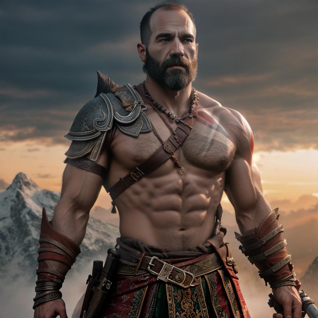  God of war hyperrealistic, full body, detailed clothing, highly detailed, cinematic lighting, stunningly beautiful, intricate, sharp focus, f/1. 8, 85mm, (centered image composition), (professionally color graded), ((bright soft diffused light)), volumetric fog, trending on instagram, trending on tumblr, HDR 4K, 8K