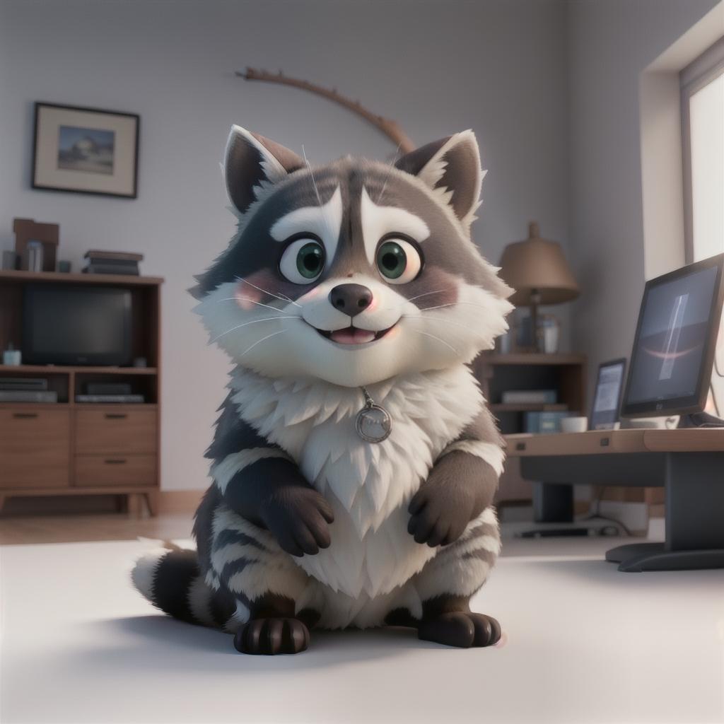  raccoon sitting in gaming chair front a computer on desktop, ((semi anthropomorphic)),(full body), tail, belly, sitting, fat, (chubby), (((white background))), solo, desktop, gaming chair, side view,  [[[clothes]]] hyperrealistic, full body, detailed clothing, highly detailed, cinematic lighting, stunningly beautiful, intricate, sharp focus, f/1. 8, 85mm, (centered image composition), (professionally color graded), ((bright soft diffused light)), volumetric fog, trending on instagram, trending on tumblr, HDR 4K, 8K