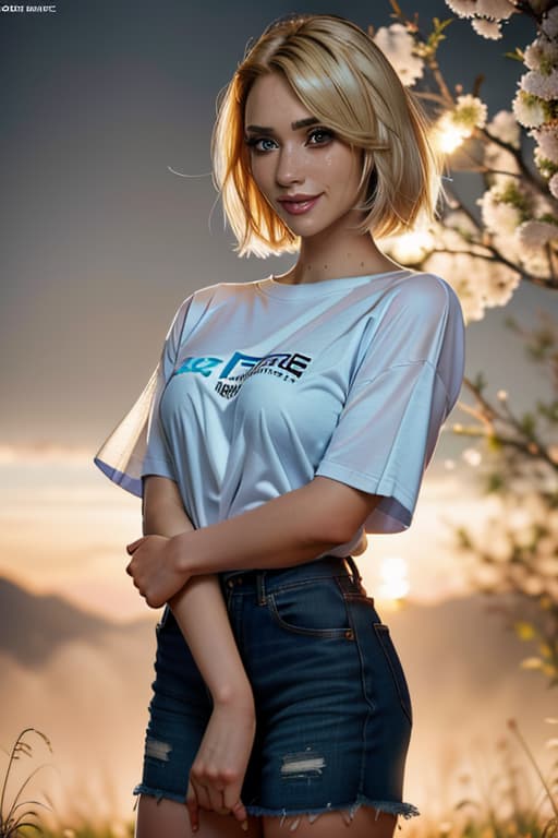  1girl,1girl,blonde short hair,straight hair,upper body shot,shirt,smile hyperrealistic, full body, detailed clothing, highly detailed, cinematic lighting, stunningly beautiful, intricate, sharp focus, f/1. 8, 85mm, (centered image composition), (professionally color graded), ((bright soft diffused light)), volumetric fog, trending on instagram, trending on tumblr, HDR 4K, 8K