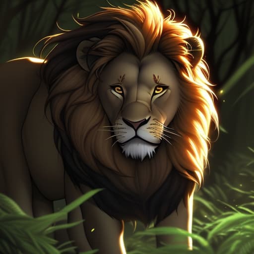  A lion king glowing in a dark forest