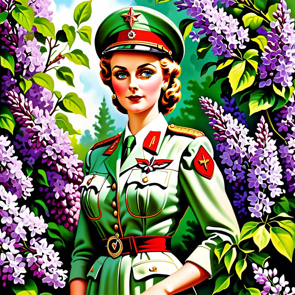  Advertising poster style Victory Day, postcard,covert,letter,salute,lilacs,1945 May,spring. . Professional, modern, product focused, commercial, eye catching, highly detailed hyperrealistic, full body, detailed clothing, highly detailed, cinematic lighting, stunningly beautiful, intricate, sharp focus, f/1. 8, 85mm, (centered image composition), (professionally color graded), ((bright soft diffused light)), volumetric fog, trending on instagram, trending on tumblr, HDR 4K, 8K