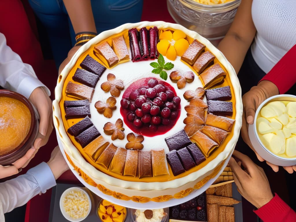  A highresolution, minimalist image of a diverse group of people from different cultures and backgrounds, each holding a traditional dessert from their country. The individuals are gathered around a virtual table, symbolizing how desserts can bring people together despite physical distance. The focus is on the vibrant colors and intricate details of the desserts, showcasing the beauty and diversity of global pastry traditions. hyperrealistic, full body, detailed clothing, highly detailed, cinematic lighting, stunningly beautiful, intricate, sharp focus, f/1. 8, 85mm, (centered image composition), (professionally color graded), ((bright soft diffused light)), volumetric fog, trending on instagram, trending on tumblr, HDR 4K, 8K