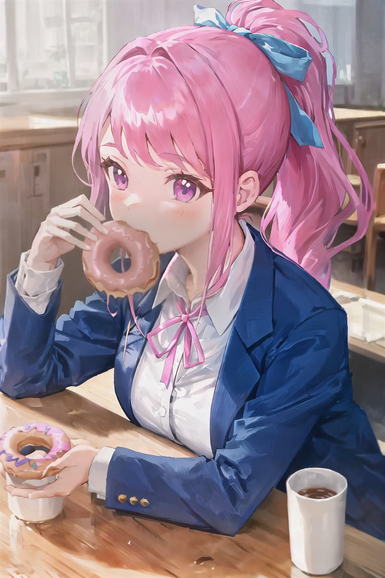  master piece , best quality,High school girl, ponytail, blue blazer, pink ribbon, eating donut