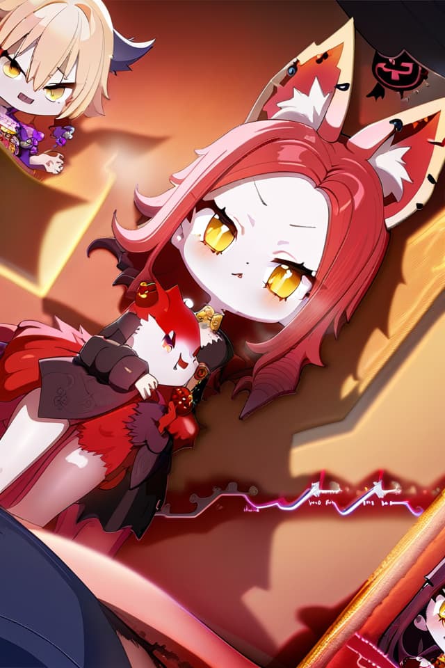  1 Vampire & 1 Wolf, ((Glowing Golden Eyes Vampire Girl)), BREAK, (Fluffy Red Fur Wolf), Absurdress, Ultimate quality, official art, aesthetic lighting, Narrow Skin texture, best shadow, very detail, colorful, 8K Wallpaper, Raw Photoristic Detailed, Dutch Angle, 💩, 💩, 💩, 💩, 💩, 💩, 💩