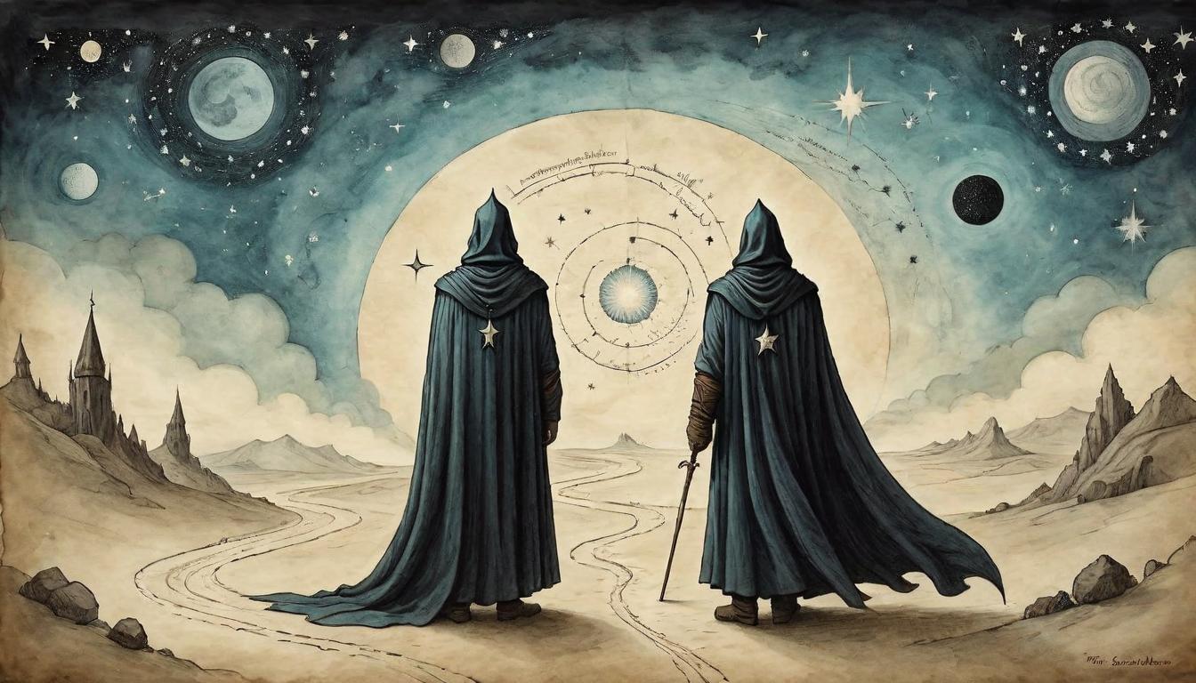  on parchment, surrealism+++, Two paths diverging, one rugged and harsh, the other smooth and gentle, cloaked figure standing at the divergence, stars guiding the way, reflective journey(mysterious, provocative, symbolic,muted color)+++