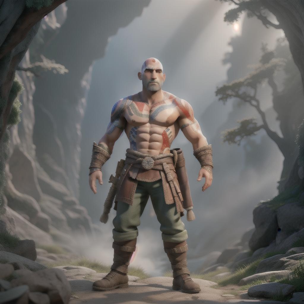  God of war hyperrealistic, full body, detailed clothing, highly detailed, cinematic lighting, stunningly beautiful, intricate, sharp focus, f/1. 8, 85mm, (centered image composition), (professionally color graded), ((bright soft diffused light)), volumetric fog, trending on instagram, trending on tumblr, HDR 4K, 8K