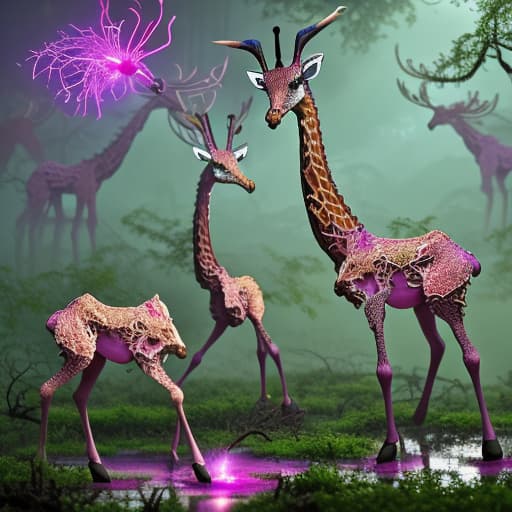  a herd of miniature giraffes with pink and purple color scheme running from an oversized mechanical spider with a scaly body. a hybrid seagull and frog flies overhead, with various shades of green feathers. strange swamp background with eyes hiding everywhere in the shadows. gigantic elk loom In the background, with laser antlers firing in all directions