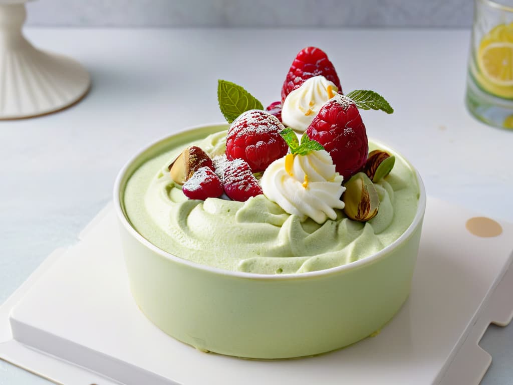  A closeup, ultradetailed photograph of a homemade gourmet ice cream sundae, featuring a scoop of creamy avocado and lime sorbet topped with fresh raspberry coulis, delicate mint leaves, and a sprinkle of crushed pistachios, all elegantly presented in a sleek, modern bowl on a marble countertop. The vibrant colors and textures of the dessert pop against the neutral background, showcasing the intricate layers and artful composition of this healthy and luxurious treat. hyperrealistic, full body, detailed clothing, highly detailed, cinematic lighting, stunningly beautiful, intricate, sharp focus, f/1. 8, 85mm, (centered image composition), (professionally color graded), ((bright soft diffused light)), volumetric fog, trending on instagram, trending on tumblr, HDR 4K, 8K