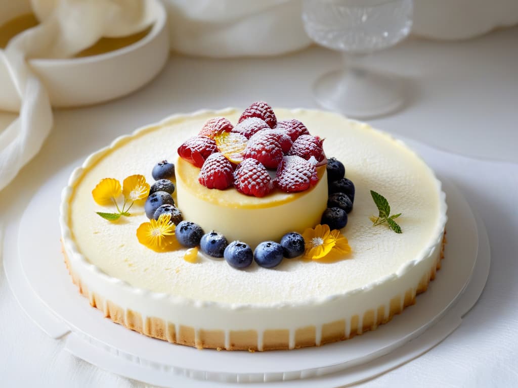  A beautifully plated dessert of a minimalist lemon tart with a perfectly golden crust, topped with a delicate arrangement of fresh raspberries, blueberries, and edible flowers. The dessert is set on a sleek, white ceramic plate, against a softfocus background of a modern, minimalist kitchen with natural light streaming in from a window, casting a gentle glow on the dish. The image captures the elegance and simplicity of the dessert, highlighting its exquisite presentation and inviting the viewer to indulge in its deliciousness. hyperrealistic, full body, detailed clothing, highly detailed, cinematic lighting, stunningly beautiful, intricate, sharp focus, f/1. 8, 85mm, (centered image composition), (professionally color graded), ((bright soft diffused light)), volumetric fog, trending on instagram, trending on tumblr, HDR 4K, 8K