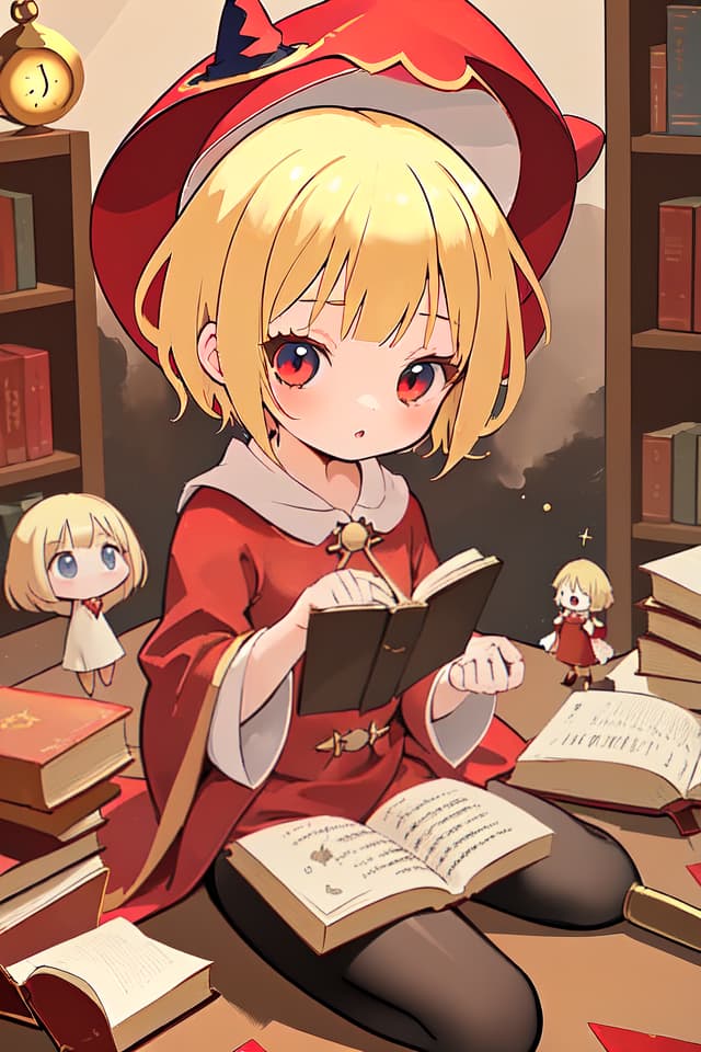  Little girl, blond, short hair, wearing red robe, open a magic book, wearing a witch hat