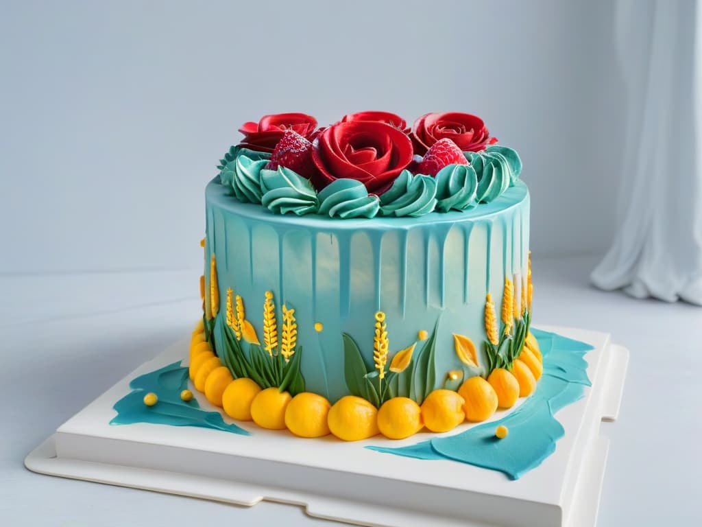  A photorealistic image of a vibrant, intricately decorated cake adorned with edible paint in various colors and designs. The cake is elegantly displayed on a marble countertop, with soft natural light illuminating the intricate details of the edible painting, showcasing the artistry and creativity involved in using edible paint for culinary purposes. hyperrealistic, full body, detailed clothing, highly detailed, cinematic lighting, stunningly beautiful, intricate, sharp focus, f/1. 8, 85mm, (centered image composition), (professionally color graded), ((bright soft diffused light)), volumetric fog, trending on instagram, trending on tumblr, HDR 4K, 8K