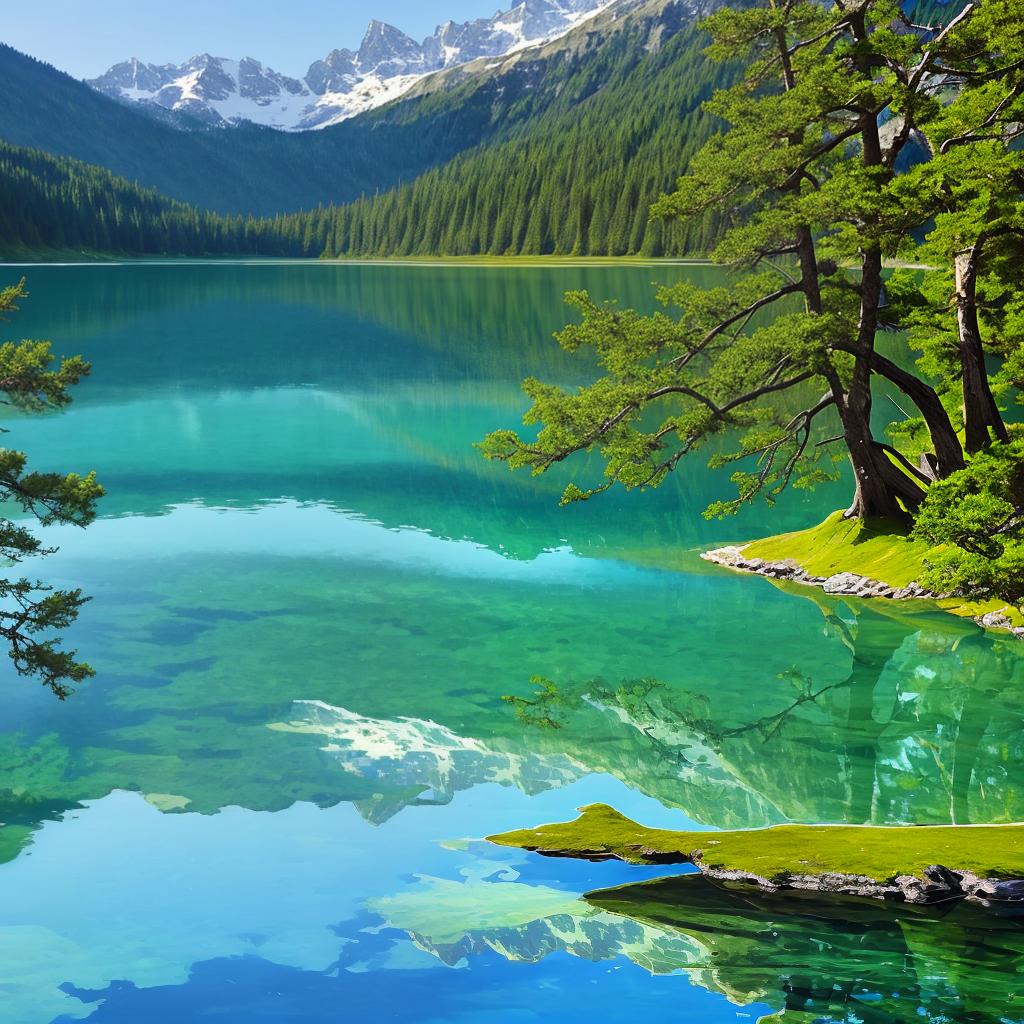  as a painting, Convey the serene majesty of towering mountains reflected in the crystal-clear waters of a tranquil alpine lake, using your unique artistic vision to evoke a sense of awe and tranquility.