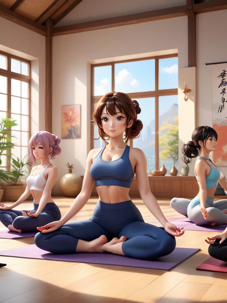  masterpiece, best quality, official art, extremely detailed cg 8k, group of anime girls doing yoga