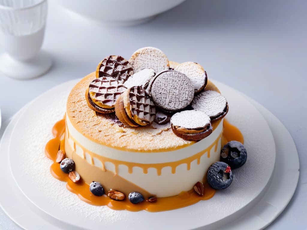  A closeup, ultradetailed image of a deconstructed dessert masterpiece, showcasing layers of delicate, perfectly arranged components like crumbled cookies, drizzled sauces, scattered nuts, and a dusting of powdered sugar on a sleek, modern plate. The focus is on the intricate textures, vibrant colors, and precise placement of each element, creating a visually stunning and enticing visual representation of the trendy deconstructed dessert concept. hyperrealistic, full body, detailed clothing, highly detailed, cinematic lighting, stunningly beautiful, intricate, sharp focus, f/1. 8, 85mm, (centered image composition), (professionally color graded), ((bright soft diffused light)), volumetric fog, trending on instagram, trending on tumblr, HDR 4K, 8K