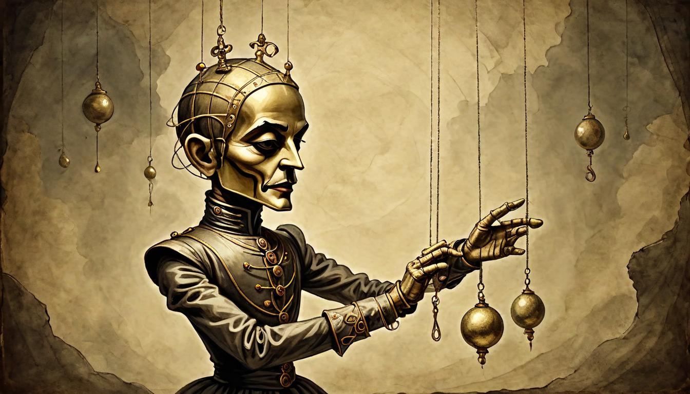  on parchment, surrealism+++, A marionette puppet with strings attached to a hand in the shadows, puppet's face showing a longing expression, strings made of shimmering gold, control, suppression, unseen forces(mysterious, provocative, symbolic,muted color)+++