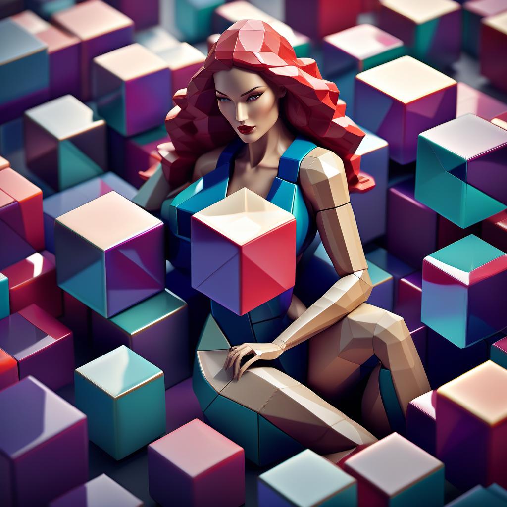  low poly style Create an image of female (figure composed entirely of cubes:1.8) in various sizes. The figure should appear as if constructed from these geometric shapes, with distinct cubes forming the head, torso, arms, and legs. The cubes vary in size to represent different body parts proportionately, creating a visually interesting and abstract representation of a human body. The composition should be clear, with a focus on how the blocks assemble to mimic human anatomy. The background should be neutral to emphasize the figure . low poly game art, polygon mesh, jagged, blocky, wireframe edges, centered composition hyperrealistic, full body, detailed clothing, highly detailed, cinematic lighting, stunningly beautiful, intricate, sharp focus, f/1. 8, 85mm, (centered image composition), (professionally color graded), ((bright soft diffused light)), volumetric fog, trending on instagram, trending on tumblr, HDR 4K, 8K