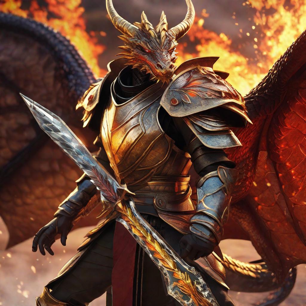  masterpiece, best quality,Character Name: Dragon Soul Warrior Character Description: Dragon Soul Warrior is a warrior with powerful dragon elemental power. He wears gorgeous dragon scale armor and holds dragon soul spear. His body emits hot dragon breath and can shoot powerful flames to attack enemies. His wings allow him to fly freely in the sky and quickly shuttle through the battlefield. As the representative of dragons, he has the qualities of courage, tenacity and justice. He takes protecting humans and dragons as his duty and uses his own strength to maintain peace and justice. Dragon Soul Warrior displayed the power and mystery of Dragon Element, making people feel his extremely powerful aura and majesty.