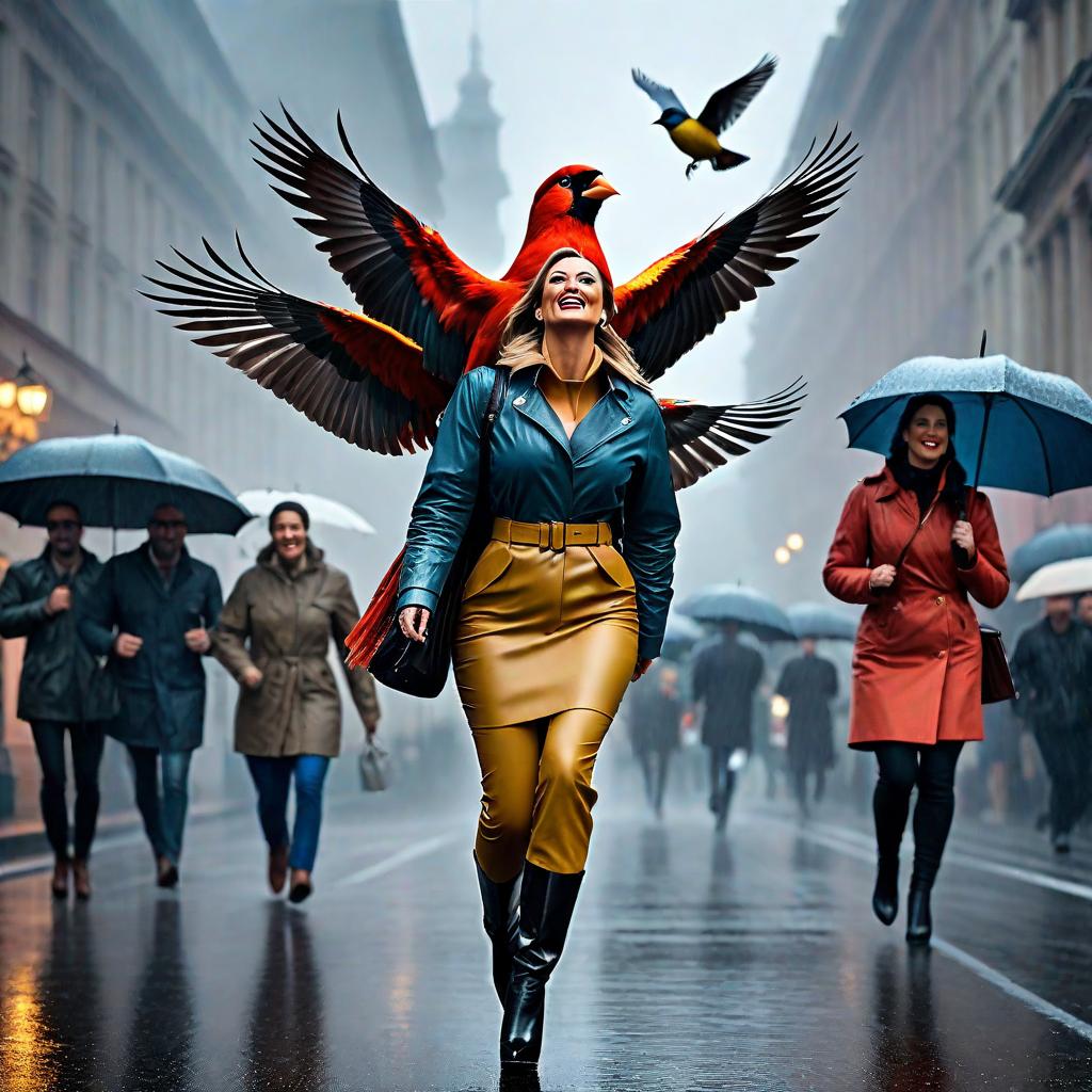  Happy birds flying on a rainy day. hyperrealistic, full body, detailed clothing, highly detailed, cinematic lighting, stunningly beautiful, intricate, sharp focus, f/1. 8, 85mm, (centered image composition), (professionally color graded), ((bright soft diffused light)), volumetric fog, trending on instagram, trending on tumblr, HDR 4K, 8K