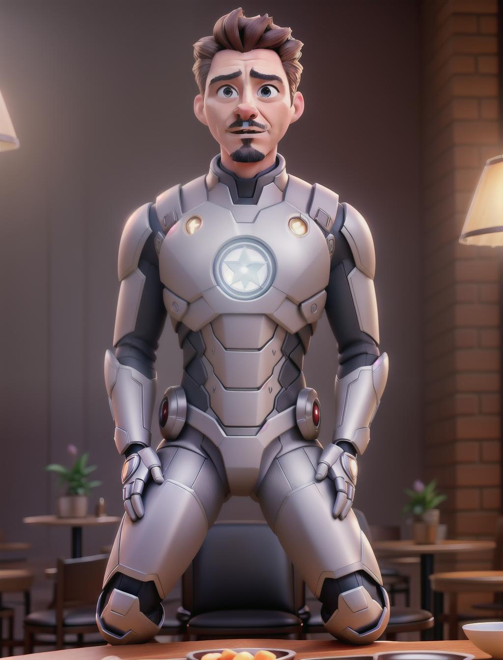  Create an image depicting Tony Stark seated at a cozy café table, engaged in conversation with his Iron Man suit. The atmosphere should be warm and inviting, with steaming cups of coffee on the table and subtle technological elements integrated into the background. Tony and his suit should be portrayed in a style that blends cartoon aesthetics with realistic details, capturing both the whimsy of the scene and the iconic characters involved hyperrealistic, full body, detailed clothing, highly detailed, cinematic lighting, stunningly beautiful, intricate, sharp focus, f/1. 8, 85mm, (centered image composition), (professionally color graded), ((bright soft diffused light)), volumetric fog, trending on instagram, trending on tumblr, HDR 4K, 8K