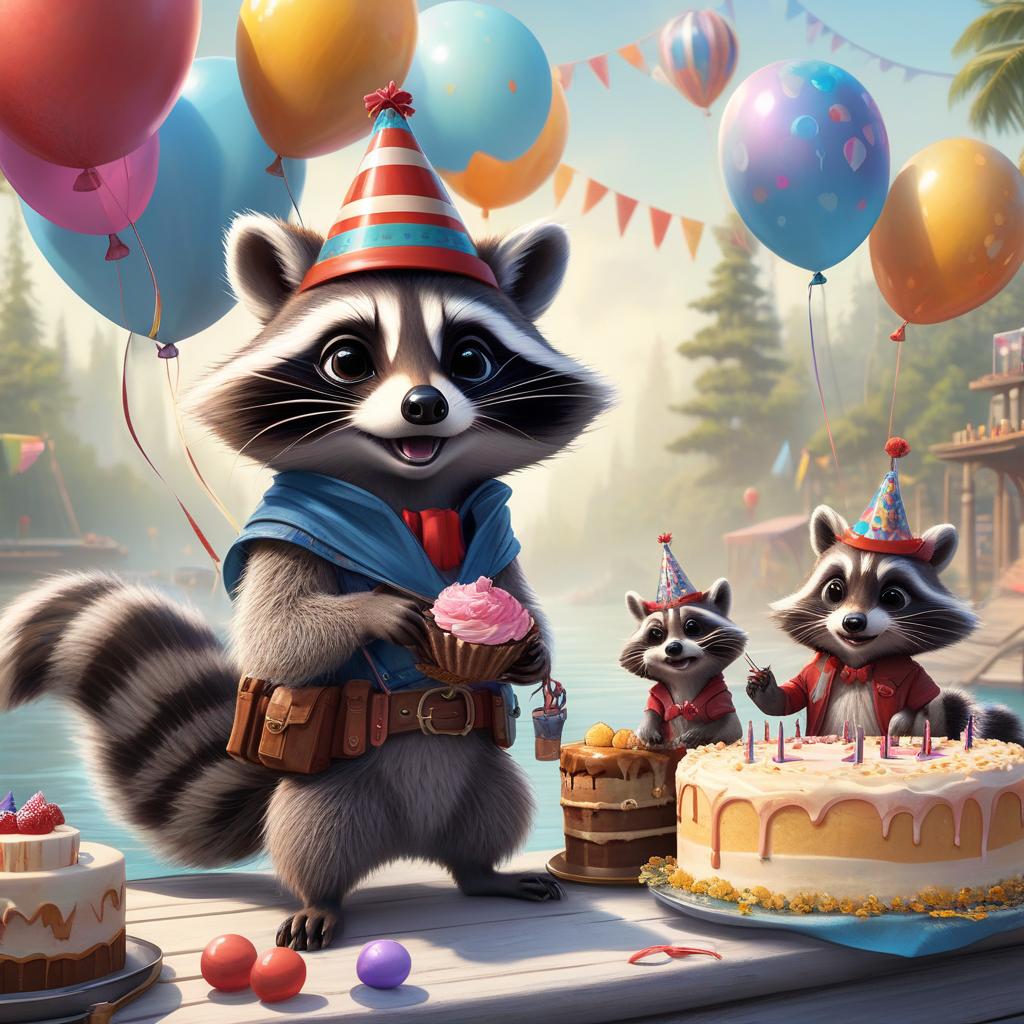  concept art A raccoon in a festive hat "Happy Birthday", a raccoon holds a birthday cake on one front paw, a raccoon has a spare part from a car in the second paw. The raccoon stands on the wakeboard with its hind legs, dissecting the waves, festive balloons are attached to the belt, a raccoon in a festive costume . digital artwork, illustrative, painterly, matte painting, highly detailed hyperrealistic, full body, detailed clothing, highly detailed, cinematic lighting, stunningly beautiful, intricate, sharp focus, f/1. 8, 85mm, (centered image composition), (professionally color graded), ((bright soft diffused light)), volumetric fog, trending on instagram, trending on tumblr, HDR 4K, 8K