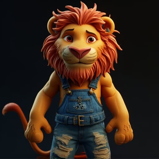  (a lion king wearing blue jean), full body, ghibli style, anime, vibrant colors, hdr, enhance, jungle((plain black background)), masterpiece, highly detailed, 4k, hq, separate colors, bright colors