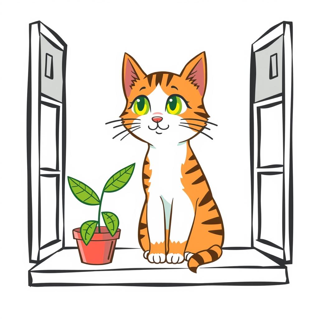  draw a cute cat sitting on a windowsill with a potted plant next to it