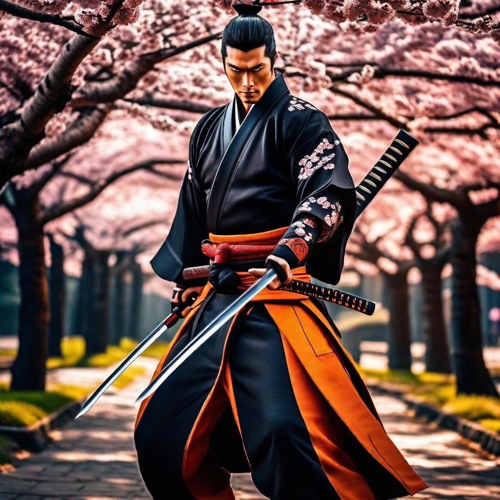  generate a young stud samurai wearing a black kamado with orange accents with katanas blazing. anime theme. panoramic view. cherry blossoms hyperrealistic, full body, detailed clothing, highly detailed, cinematic lighting, stunningly beautiful, intricate, sharp focus, f/1. 8, 85mm, (centered image composition), (professionally color graded), ((bright soft diffused light)), volumetric fog, trending on instagram, trending on tumblr, HDR 4K, 8K