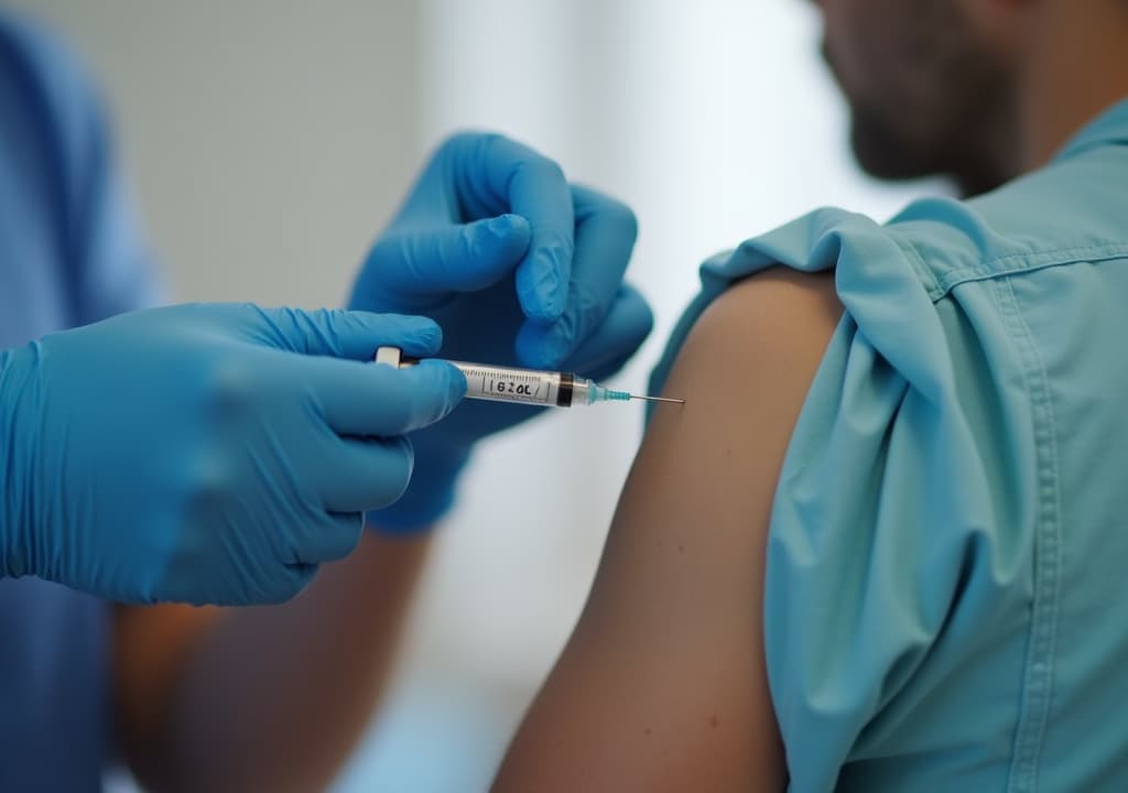  good quality, high quality, close up of a healthcare professional wearing gloves, giving a vaccine injection to a patient's arm, indicating a medical procedure and vaccination process