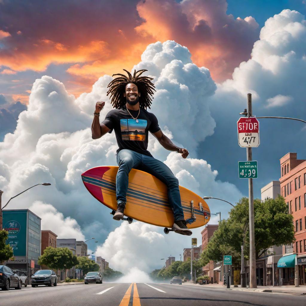  A black male with dreadlocks surfing on clouds heading towards a city situated among the clouds. Include a street sign that says '47th Ave'. The man should look excited and joyful, and the scene should be whimsical and fantastical, with vibrant colors in the sky. Street sign prominently displays '47th Ave'. hyperrealistic, full body, detailed clothing, highly detailed, cinematic lighting, stunningly beautiful, intricate, sharp focus, f/1. 8, 85mm, (centered image composition), (professionally color graded), ((bright soft diffused light)), volumetric fog, trending on instagram, trending on tumblr, HDR 4K, 8K