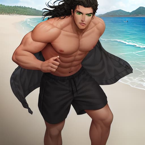  shirtless man, black hair tousled, green eyes, muscular body, black shorts, light body on the beach hyperrealistic, full body, detailed clothing, highly detailed, cinematic lighting, stunningly beautiful, intricate, sharp focus, f/1. 8, 85mm, (centered image composition), (professionally color graded), ((bright soft diffused light)), volumetric fog, trending on instagram, trending on tumblr, HDR 4K, 8K