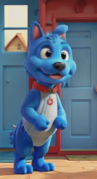  {Max the big blue dog standing in front of a cozy little house with a red door, The big blue dog is large with sky blue fur, big round eyes, a black nose, and floppy ears.