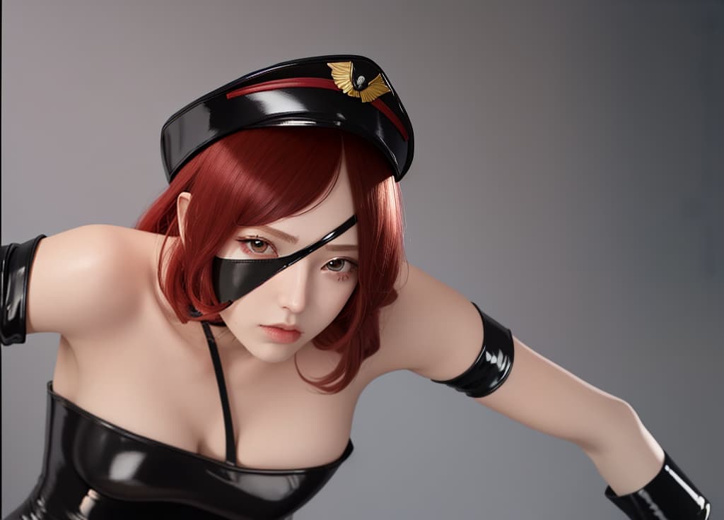  masterpiece, best quality, Candice from marchen awakens romance anime, young woman, black latex strapless leotard with red edge, black latex military cap, eye patch on the right eye