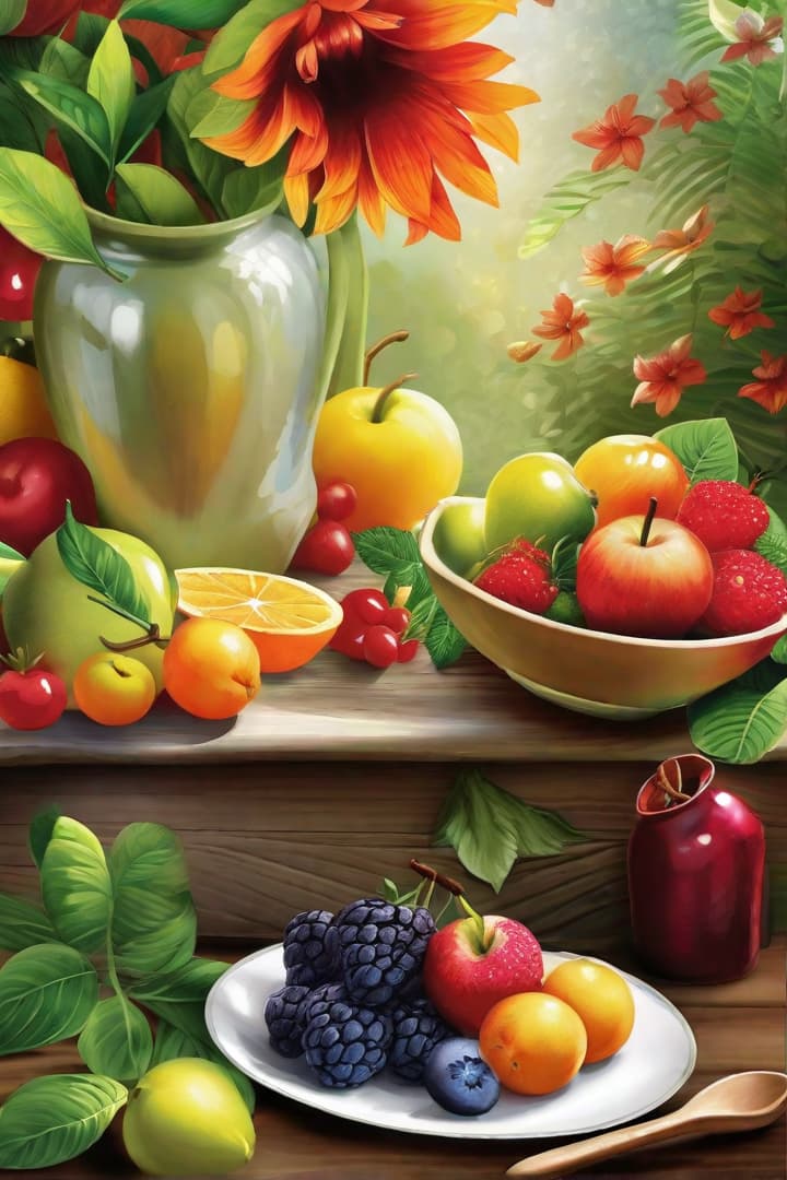  Express your creativity through digital painting. Transform the canvas with a palette of colors, blending and shading to create your own unique masterpiece: A big garden wirh flowers and fruits