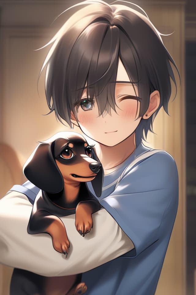  masterpiece,Best of the best,super dissolved,one boy,(((Dog ears:dachshund dogs,droopy ears))),shy,( ˶ ᷇𖥦 ᷆˵ )face,dark brown hair color,delicate hair color,long hair,oversized shirt,blue shirt,short white pants,one hand behind head,(((holding 🎮))),background is indoor,picture through monitor,high quality,8K