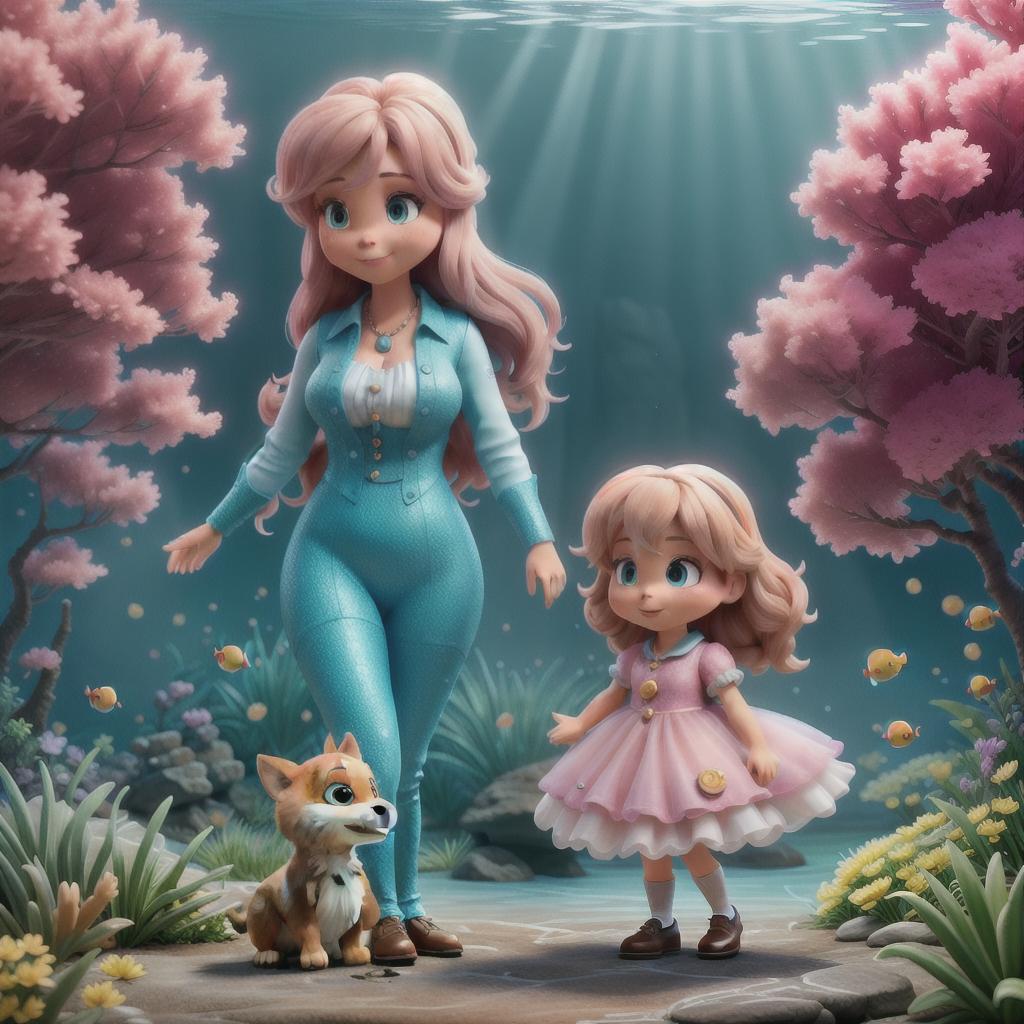  "A mother and child arriving at a magical island filled with a variety of friendly and colorful animals both on land and underwater, expressing their awe and wonder, in a cute and child-friendly style." hyperrealistic, full body, detailed clothing, highly detailed, cinematic lighting, stunningly beautiful, intricate, sharp focus, f/1. 8, 85mm, (centered image composition), (professionally color graded), ((bright soft diffused light)), volumetric fog, trending on instagram, trending on tumblr, HDR 4K, 8K